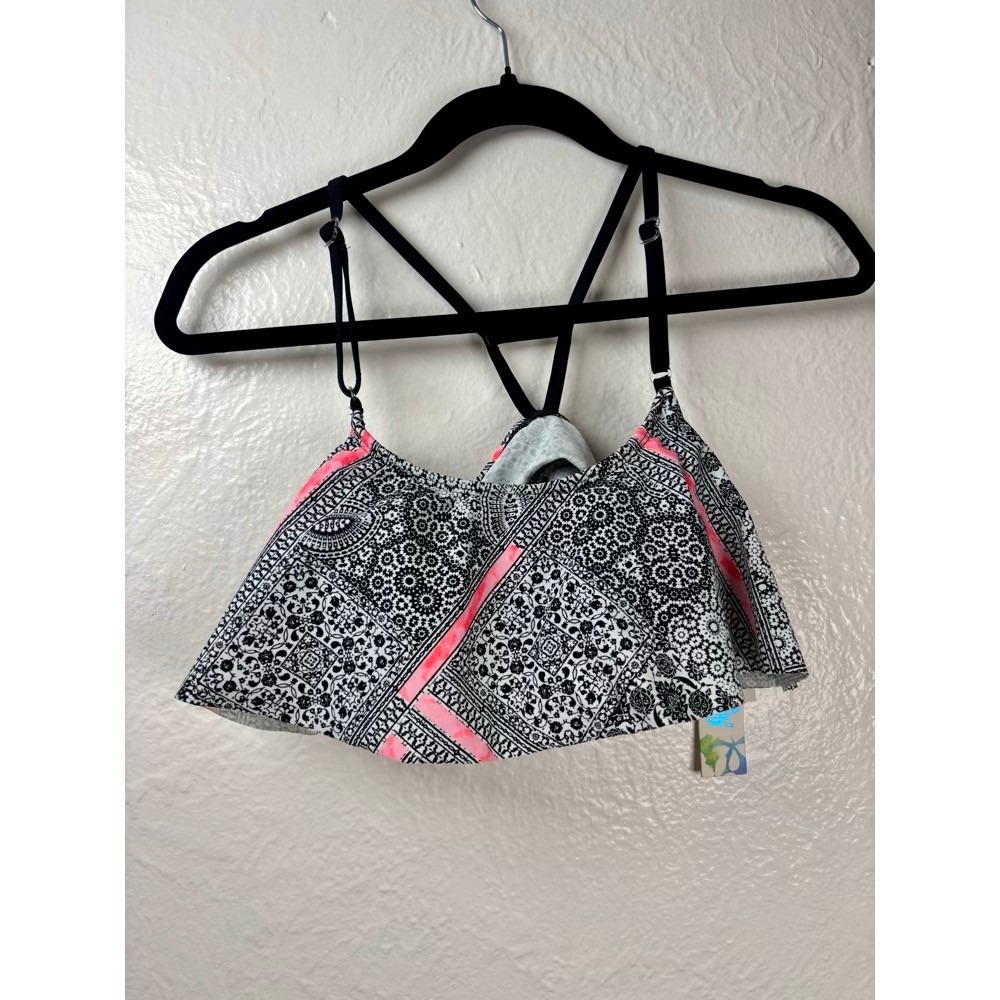 NWT Malibu Dream Girl‎ Bikini Top Womens S Black Pink Paisley Flounce Vacation